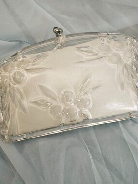 Vintage 50's Clear Lucite Floral Carved Rhinestone Accent Clutch Purse
